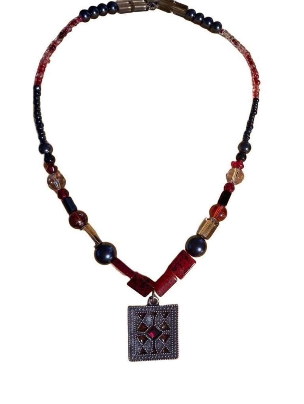 Vintage Beaded Necklace with Geometric Pewter Pendant Red and Black Beads